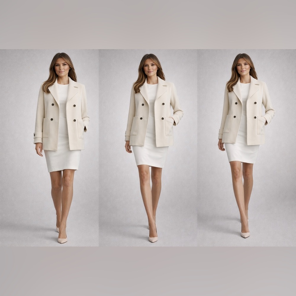 Reiss Cream Wool Double Breasted Pea Coat Tailored Size 6